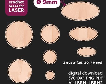 May include: Digital download of SVG crochet bases for laser cutting. Includes 5 circles (10, 15, 20, 25, 29cm) and 3 ovals (20, 30, 40 cm) with 9mm hole diameters. File formats include SVG, DXF, PNG, PDF, Ai, LBRN, and LBRN2. Copyright Karolina Nagorska.