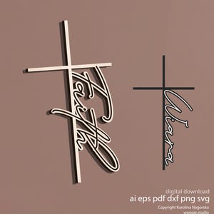 May include: Two wooden cross designs. One cross has the word "Faith" in a cursive font, and the other has the word "Wakana". The background is a solid brown color. The image also includes the text "digital download" and file type options.