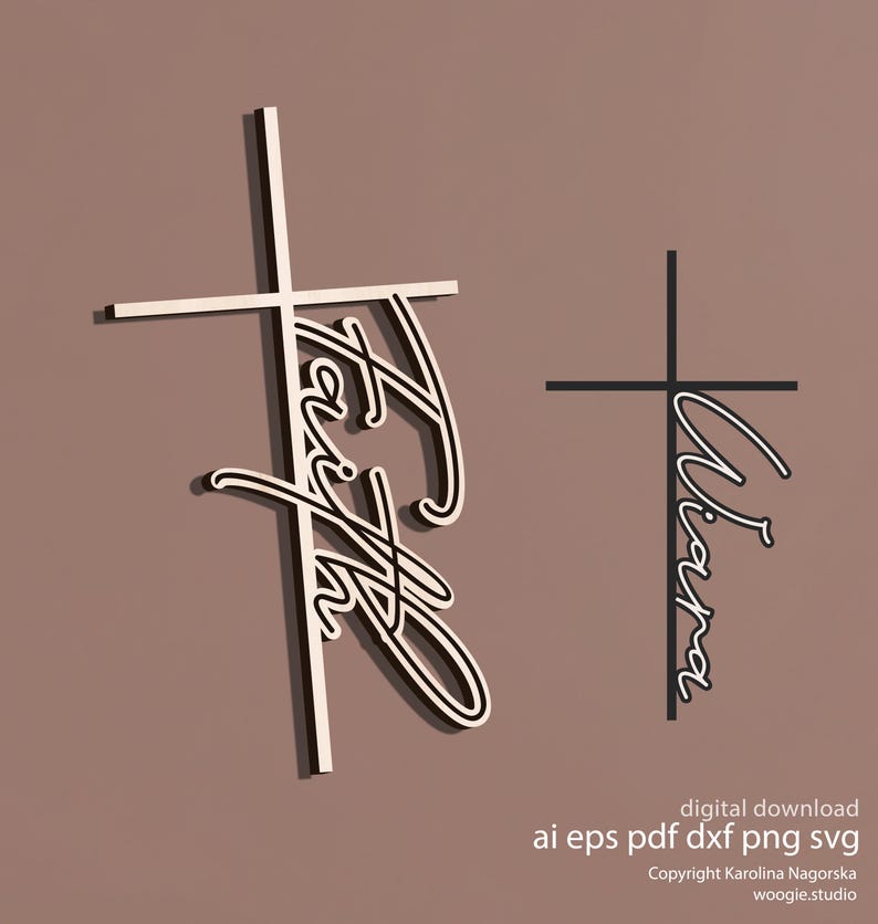May include: Two wooden cross designs. One cross has the word "Faith" in a cursive font, and the other has the word "Wakana". The background is a solid brown color. The image also includes the text "digital download" and file type options.