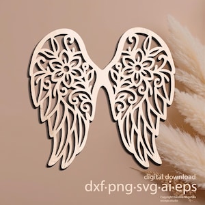 Könnte beinhalten: Holz-Engelsflügel mit filigranen Blumen- und Blättermustern. Die Flügel sind hellbraun mit dunkelbraunen Rändern und weisen ein zentrales Blumendesign auf. Der Text "digital download dxf.png.svg.ai.eps" ist ebenfalls enthalten.