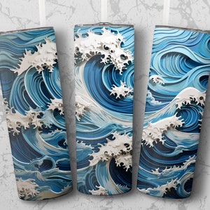 May include: Three stainless steel tumblers with a blue and white wave design. The design is reminiscent of Japanese woodblock prints.