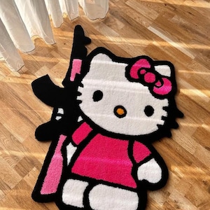 Hood Hello Kitty Rug, custom tufted hello kitty, Hood Hello Kitty rug, Pink Hello Kitty rug, handmade art unique decor bedroom girls gift