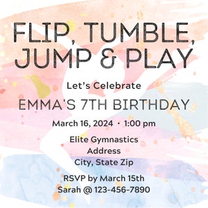 Verjaardagsuitnodiging gymnastiek | Afdrukbare uitnodiging | Aangepaste sjablonen | Personalisatie