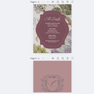 Op de afbeelding: Twee pagina's tellend uitnodigingsontwerp. De eerste pagina heeft een bordeauxkleurig, sierlijk kader met tekst op een bloemenachtergrond. De tweede pagina heeft een effen mauve achtergrond met een bloemenwapen en de letter "C".