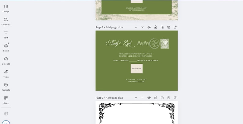 Op de afbeelding: Een digitale ontwerplay-out met een groene achtergrond, witte tekst en decoratieve elementen. Het ontwerp bevat een gestileerde envelopafbeelding en een ruimte voor een antwoordkaart. Het algemene thema suggereert trouwbriefpapier of uitnodigingen.