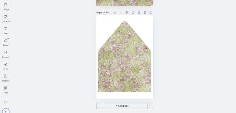 Op de afbeelding: Een bloemenenvelop met een groen en roze patroon. Het ontwerp toont een veld met roze bloemen op een groene achtergrond. De envelop is lichtgroen van kleur en heeft een driehoekige vorm.