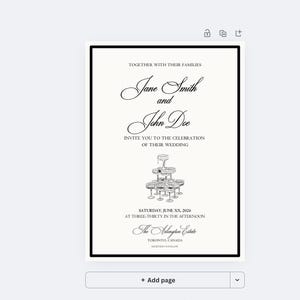 Op de afbeelding: Elegante trouwkaart met zwarte tekst op een gebroken witte achtergrond. De kaart toont de namen "Jane Smith en John Doe" in een sierlijk lettertype, evenementdetails en een illustratie van een champagnetoren.
