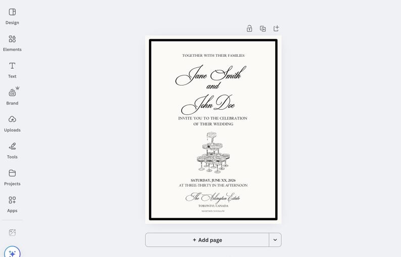 Op de afbeelding: Elegante trouwkaart met zwarte tekst op een gebroken witte achtergrond. De kaart toont de namen "Jane Smith en John Doe" in een sierlijk lettertype, evenementdetails en een illustratie van een champagnetoren.