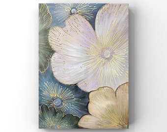 Flower painting, hand-painted canvas, home white wall decor, textured art work, grey blooming floral canvas