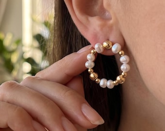 Freshwater Pearl Circle Earrings, Beaded Gold Hoop Studs, Gift for Her