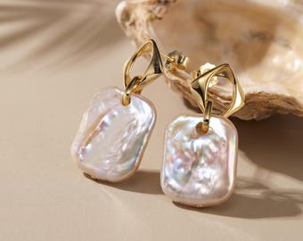 Square Pearl Earrings, Geometric Gold Drop Studs, Modern Gift