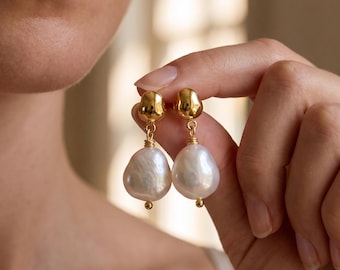 Gold Nugget Drop Earrings,Freshwater Pearl Stud Earrings ,  Gift For Her