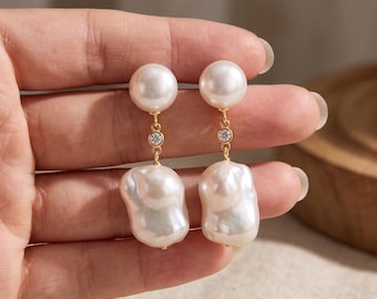Large Pearl Drop Earrings, Round and Baroque with CZ, Bridal Gift