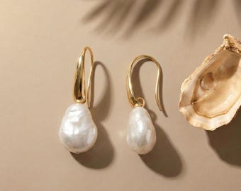 Baroque Pearl Drop Earrings, Gold Hook, Teardrop Pearl Gift