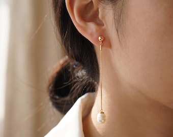 Minimal Pearl Earrings, Long Gold Box Chain 66mm Drop