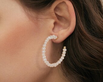 Pearl Hoop Earrings 37mm, Gold Open Hoops Wrapped in Pearls