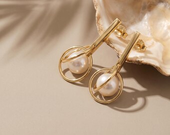 Freshwater Pearl Circle Bar Earrings, Geometric Gold Drops, Modern Gift