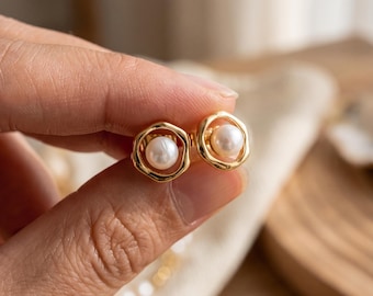 Tiny Pearl Stud Earrings, Organic Gold Ring, Everyday Gift