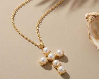 Natural Pearl Cross Necklace, Six Pearl Gold Cross Pendant 45cm