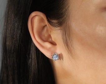 Moissanite Studs, Six Prong Round 6.5-10mm, 925 Sterling Silver, D VVS, GRA
