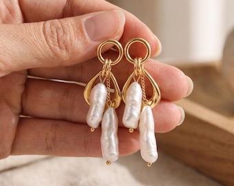 Baroque Pearl Cluster Earrings, Gold Hoop Studs, Long Drop