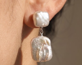 Square Baroque Pearl Earrings, Silver Double Drop Studs, Gift For Her