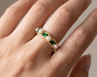 Green Pearl Ring, Vintage Marquise CZ Band, Sizes 6 7 8