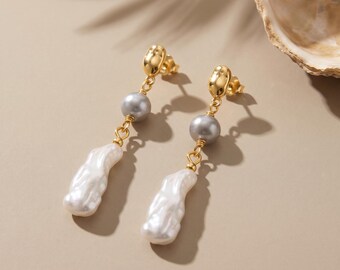 Long Pearl Drop Earrings, Stick and Round Pearl Gold Studs