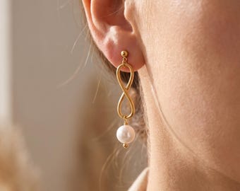 Infinity Pearl Earrings, Gold Drop Studs, Anniversary Gift