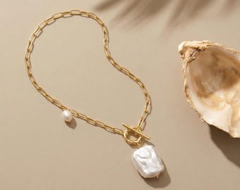 Baroque Pearl Necklace, Gold Toggle Paperclip Chain, 45cm