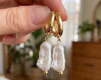 Biwa Pearl Drop Earrings, Gold Huggie Hoops, Baroque Gift