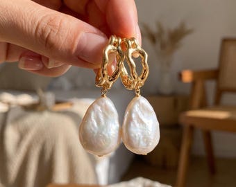 Pearl Huggie Hoop Earrings, Wavy Gold Baroque Drop Wedding Gift