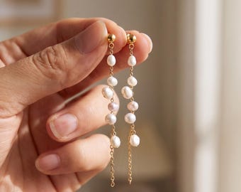 Long Pearl Drop Earrings, Scattered Pearl Chain 7.5cm
