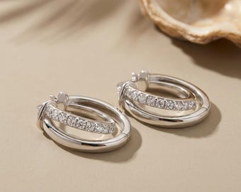 Unique Hoops with CZ, Elegant Bridal Earrings, Double Hoop 925 Silver