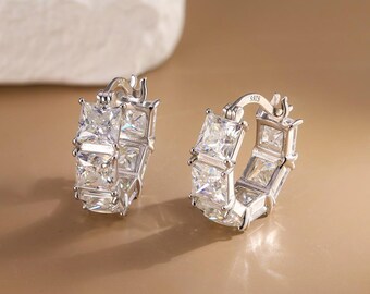 Small Hoop Earrings, Chunky Square Moissanite Huggies 17.5mm, 925 Silver, D VVS