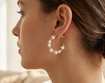 Open Gold Beaded Hoops, Pearl Hoop Earrings, Gift for Her