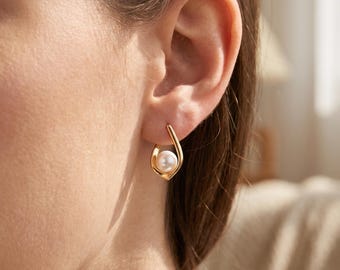 Freshwater Pearl Leverback Earrings, Gold Teardrop Frame, Dainty Gift For Her