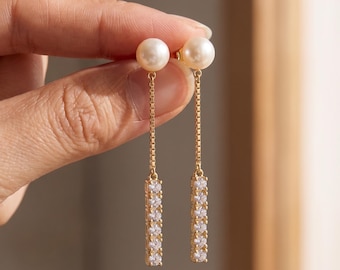 Pearl and Cubic Zirconia Bar Drop Earrings, 50mm Gold Chain S925