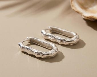 Minimalist Silver Hoop Earrings with Wavy Textured Organic Shape