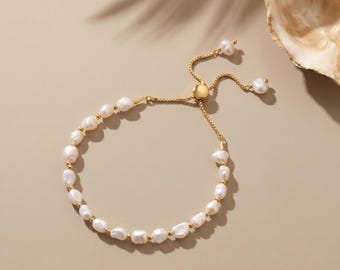 Natural Keshi Pearl Slider Bracelet, Adjustable Bracelet Gold Beads