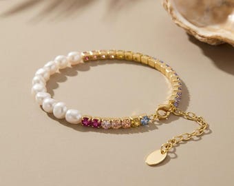 Rainbow CZ Pearl Bracelet, Half Tennis Half Pearls, Gift