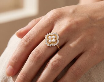 Four Pearl Flower Ring, CZ Halo on Beaded Band, Adjustable Ring