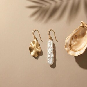 Mismatched Pearl Earrings, Gold Nugget and Baroque Drop
