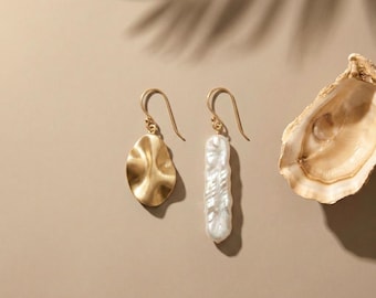 Mismatched Pearl Earrings, Gold Nugget and Baroque Drop