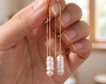 Pearl Threader Earrings, 13cm Gold Chain, Stacked Pearls