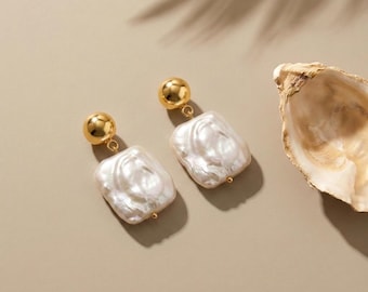 Square Keshi Pearl Earrings, Gold Ball Studs, Large Drop