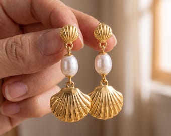 Double Shell Drop Earrings with Pearl, Gold Scallop 33mm