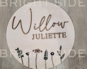 Custom Floral Nursery Name Sign | Round Wood, Baby Room Decor