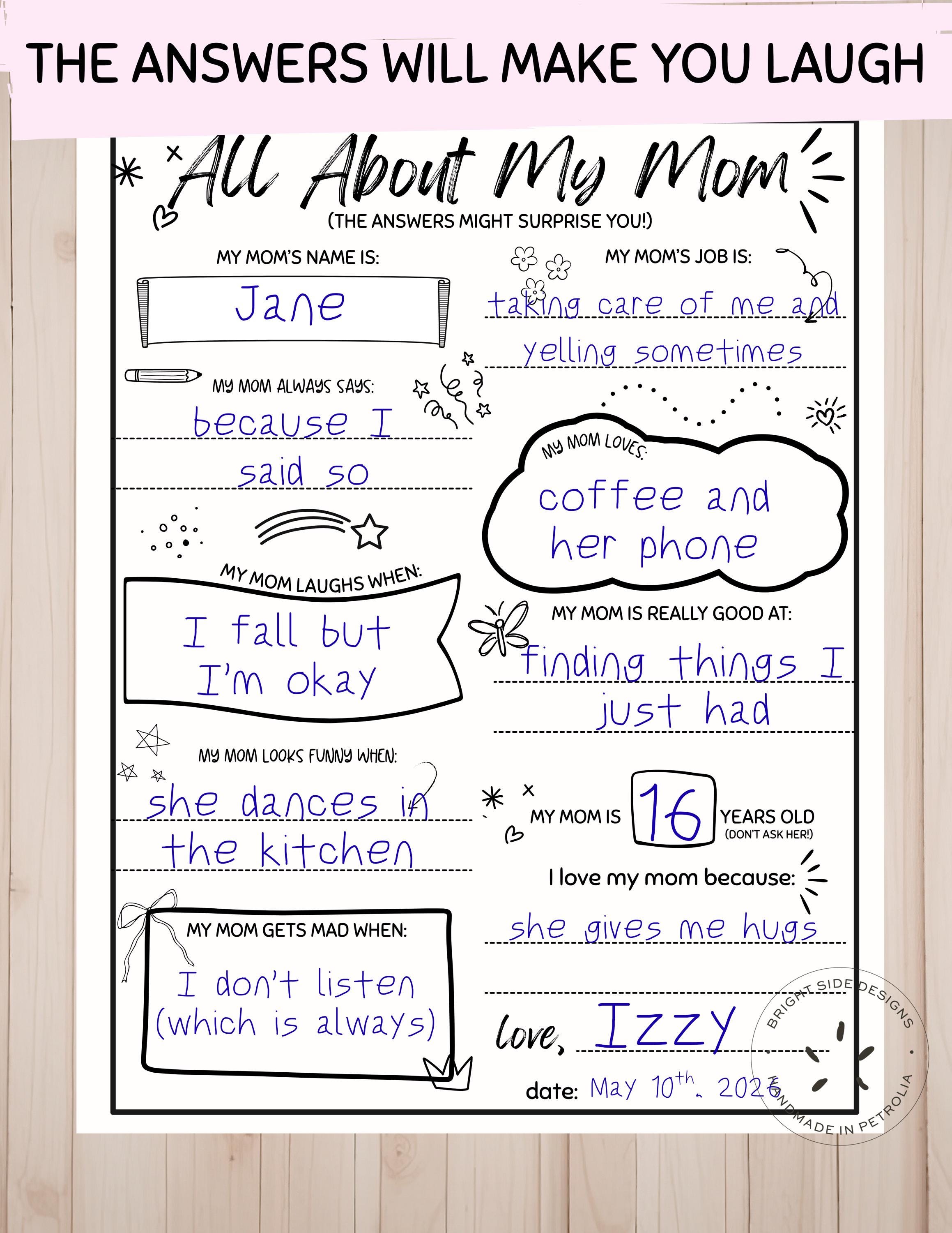 All About Mom Printable | Funny Mother's Day Interview | Kids DIY ...