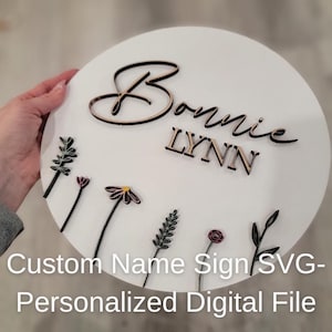 Custom Name Round Sign SVG – Personalized Nursery Sign File – Wildflower Floral Layered SVG – Laser Cut File for Glowforge, Lightburn